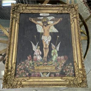 Ecole de Cuzco, Pérou : Christ en croix /  huile sur toile 18ème