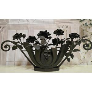 In The Spirit Of Edgar Brandt's Work: Basket Of Roses In Hammered Iron