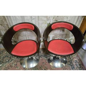 Cream And Red Sky Pvc Swivel Armchair Circa 1980