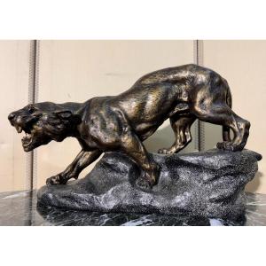 According To Thomas François Cartier: Patinated Spelter Tigne On The Lookout, Late 19th Century