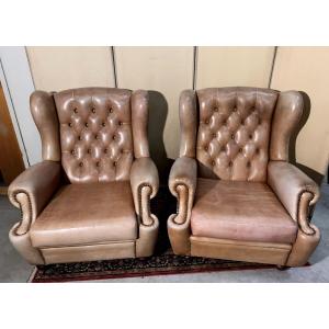 Pair Of Chesterfield Leather Wingback Armchairs