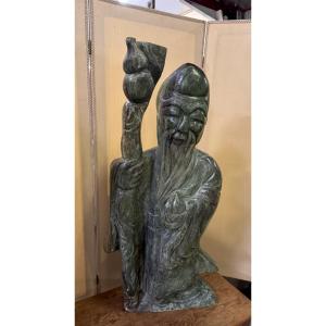 Monumental Chinese Nephrite Jade Sculpture: Shou Lao With The Staff Of Wisdom / 110 Cm