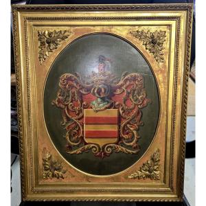 Tableau XIXeme : huile sur panneau aux armoiries