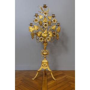 Grand candélabre d'autel à 7 feux en bronze doré