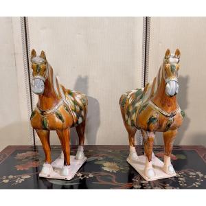 China, Tang Style: Two Horses In Polychrome Glazed Ceramic