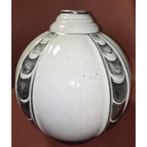 Important vase boule en céramique craquelée époque Art Déco