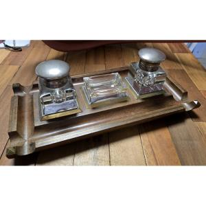 Encrier Anglais en acajou et filets de laiton doré 