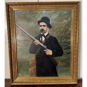 Ecole Anglaise fin XIXeme : grande huile sur toile "le chasseur"