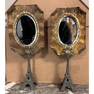 Paire de miroirs en laiton époque Art Déco pérchés sur la tour Eiffel