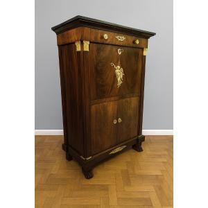 Rare secrétaire époque Empire en acajou a quatre colonnes surmontées de chapiteaux en bronze
