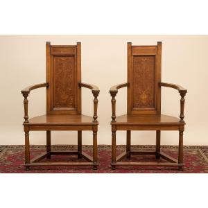 Pair Of Renaissance-style Armchairs In Walnut And Marquetry 