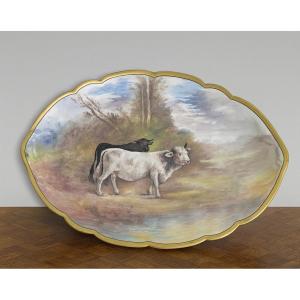 Grand plat décoratif en porcelaine peinte à la main – Scène champêtre avec bovins  