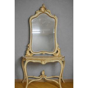 Console + grand miroir de style Louis XV en bois laqué et doré 