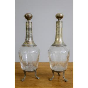 paire de carafes anciennes en cristal et argent massif