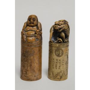 Rare et intéressante paire de cachets chinois anciens, sculptés en pierre dure naturelle 