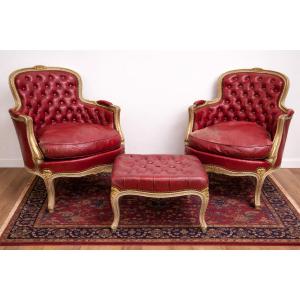 Pair Of Large Louis XV Style Bergère Armchairs In Carved, Lacquered And Gilded Wood And A Footrest
