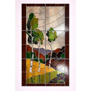 Antique Stained Glass Landscape Decoration – Trees And Hills – Early 20th Century  