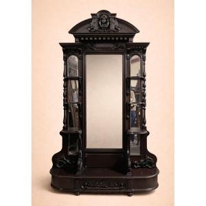 Large Antique Cheval Mirror In Carved Blackened Wood – Renaissance Style / 19th Century 