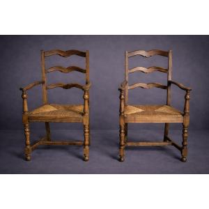 Pair Of Antique Rustic Armchairs In Wood And Woven Straw  