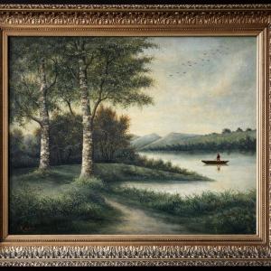 Paysage lacustre animé – École de Barbizon, XIXᵉ siècle  - huile sur toile 