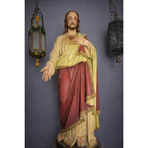 Polychrome Terracotta Statue Of The Sacred Heart Of Jesus – 18th Century  