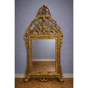 Très Grand miroir ancien en bois sculpté et doré – style Rocaille / Louis XV - h 185cm    