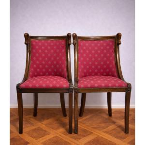 Pair Of Empire Style Armchairs Or Lounge Chairs – Mahogany And Red Fabric    