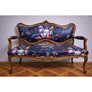 Banquette ancienne de style Louis XV / Napoléon III, en bois sculpté