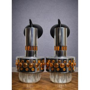 Raak 1970 - Pair Of Designer Wall Lights In Chrome With Amber Cabochons  