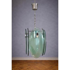 Nilo Veca pour Fontana Arte : Suspension design vintage en verre fumé vert & métal chromé