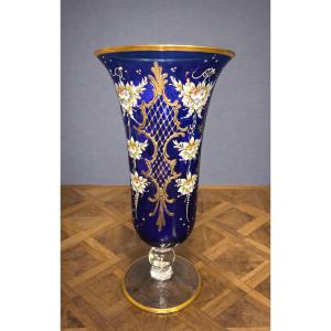 Grand vase en verre de Murano – bleu cobalt & décor doré – H 32 cm  