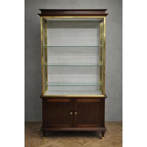 Vitrine de présentation style LVI en bois et laiton doré – 4 étagères en verre 