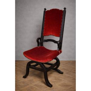 Antique Armchair In The Italian Neo-renaissance/savonarola Style – Red Velvet – Blackened Wood 