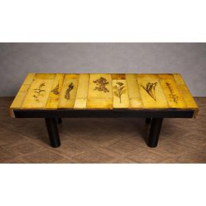 Table basse vintage en céramique – Roger Capron Vallauris – Décor herbier – Années 50/60 