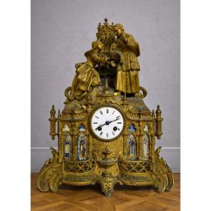 Neo-gothic Religious Clock In Gilt Bronze And Porcelain – 19th Century –  