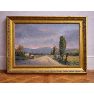 Tableau ancien – Huile sur carton – Paysage rural signé M Langeron – cadre doré - XXeme