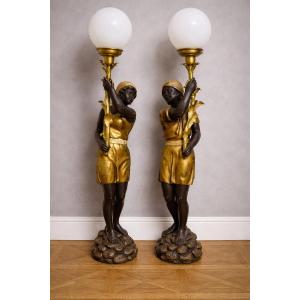 Pair Of Large Venetian Torchères With Nubian Figures – Carved And Gilded Wood – Opaline Glass Globes 