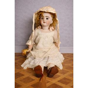 Grande poupée tête porcelaine marquée en creux SFBJ 14, bouche ouverte, h80 cm