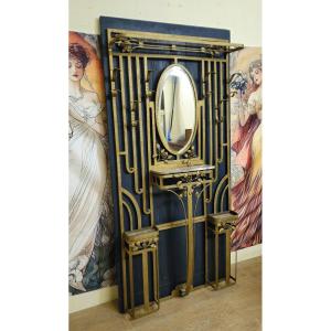 Porte-manteau mural Art Déco avec miroir et console – fer forgé doré - 