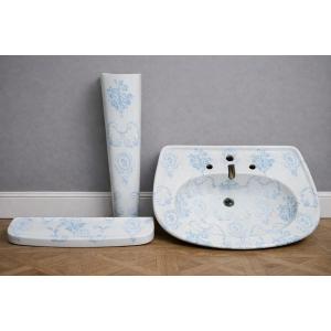 Ancien ensemble de salle de bain en porcelaine de Paris – décor bleu - style Louis XV-XVI 