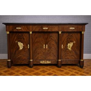 Empire-style Sideboard In Mottled Mahogany With Bronze Mounts – Black Marble Top – 19th Century –