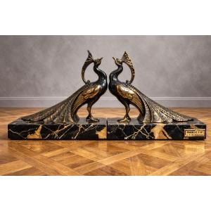 Pair Of Art Deco Bookends With Peacocks – Patinated Spelter And Black Marble – 