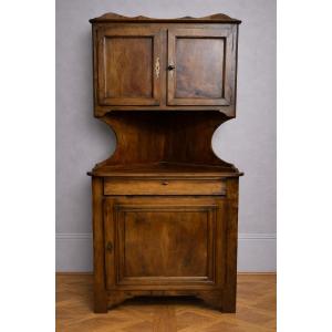 Louis Philippe Corner Buffet In Solid Walnut With Upper Section – Rustic Piece Of Furniture – 19th Century 