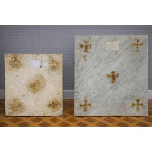 Two Altar Plaques In Marble And Limestone With Inlaid Crosses