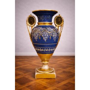 Large Antique Empire Period Vase – Blue And Gold Decoration – Medallion Handles – 19th Century – Porcelain 