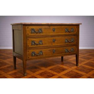 Louis XVI Commode In Walnut And Marquetry, Marble Top – 18th Century