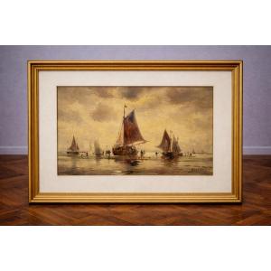 Oil On Canvas - Marine With Sailboats - Signed Bentley - European School - Late 19th Century