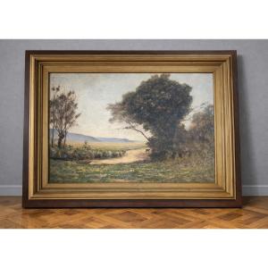 Immense huile sur toile ancienne représentant un paysage champêtre animé avec rivière