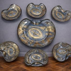 Service ancien en verre argenté – 7 pièces – Venise – décor gravé et argenté – 