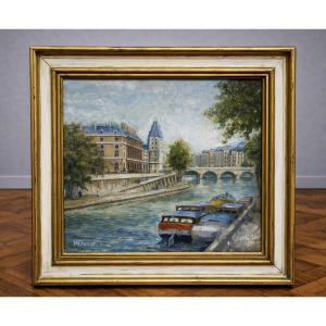 Huile sur panneau – Paris Quai des Grands-Augustins – signée H. Charby – scène parisienne 